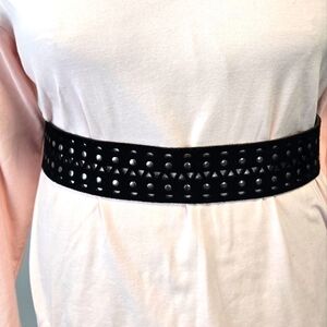BOHO BLACK SUEDE LEATHER STATEMENT BELT SILVER STUDS LONG FRINGE WOMEN M ITALY